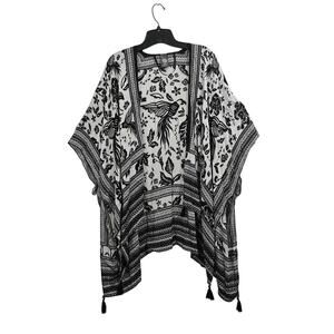 Vince Camuto Womens OS Kimono Shawl Black White Cover Up Birds Flowers Vacation